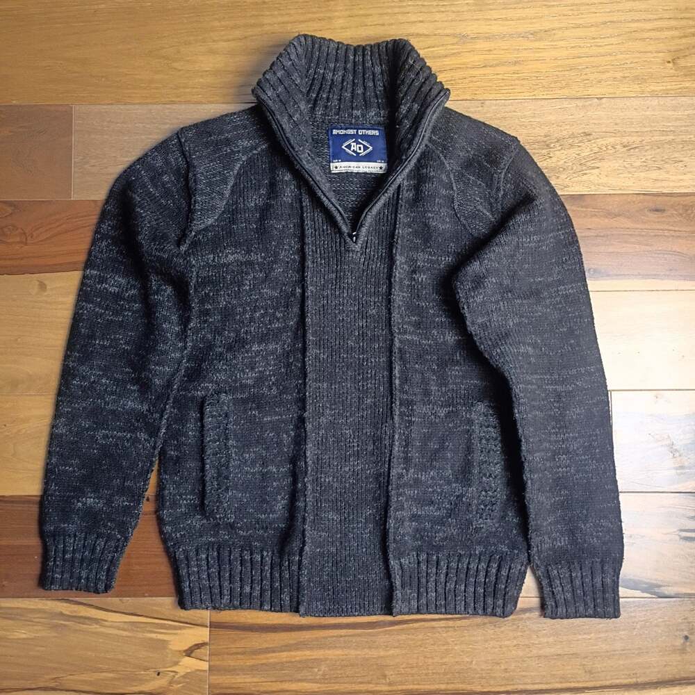 Amongst Others Men's Dark Gray Knit Cardigan with Zip Neck and Pockets, Size M